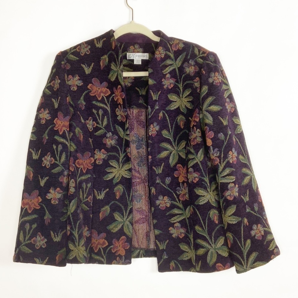 Dress Barn Purple Velour Tapestry Floral Print Open Front Blazer Suit Jacket